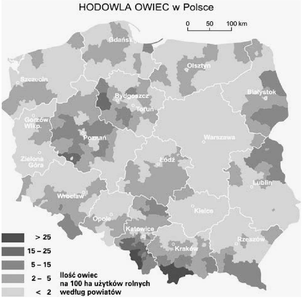 Mapa hodowli owiec w Polsce według powiatów