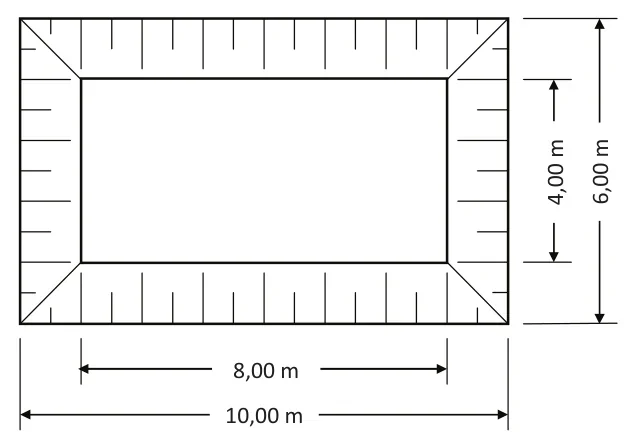 Rzut wykopu szerokoprzestrzennego z wymiarami dna 8,00 x 4,00 m i góry 10,00 x 6,00 m