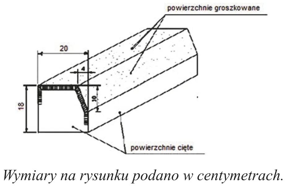 Rysunek krawężnika 20 x 18 cm z oznaczonymi powierzchniami groszkowanymi i ciętymi