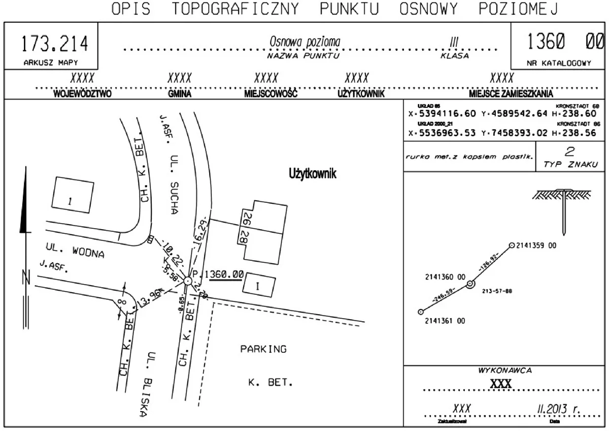 Opis topograficzny punktu osnowy poziomej nr 1360 ze szkicem sytuacyjnym i miarami