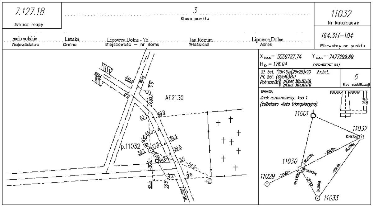 Opis topograficzny punktu nr 11032 z danymi, szkicem sytuacji i szkicem nawiązania
