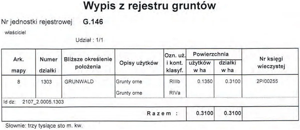 Wypis z rejestru gruntów dla jednostki G.146 z działką nr 1303 i jej użytkami