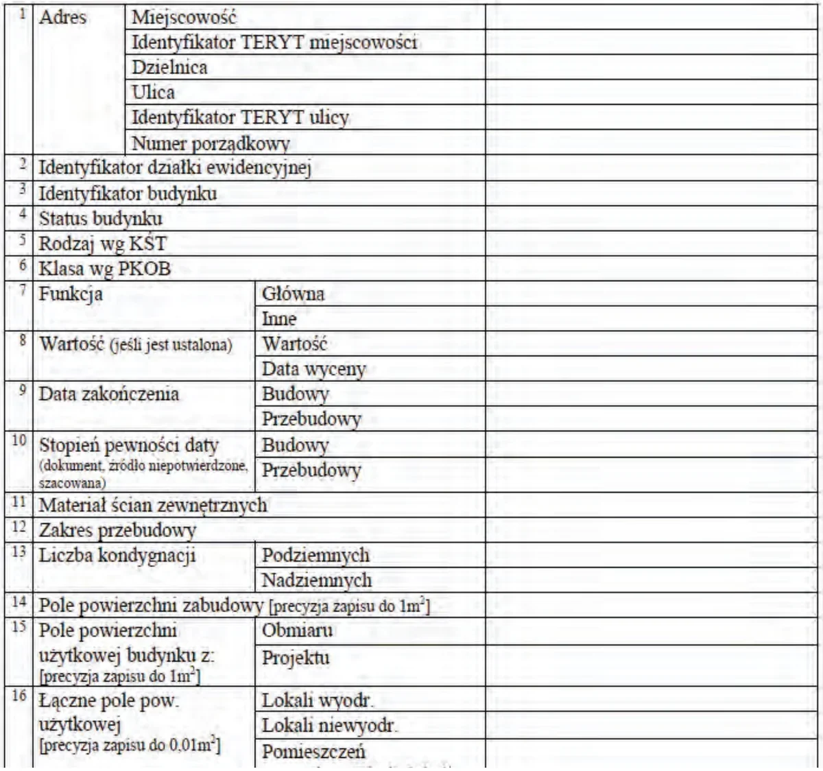 Fragment formularza z wierszami 1-16: adres, identyfikatory, status, funkcja, kondygnacje i pola powierzchni