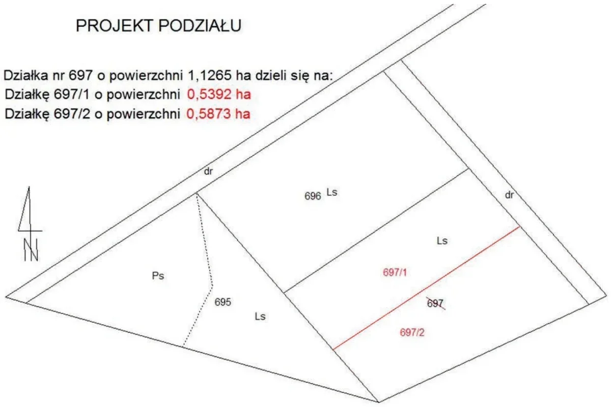 Projekt podziału działki nr 697 o powierzchni 1,1265 ha na działki 697/1 i 697/2 z sąsiednimi działkami 695, 696 i drogami