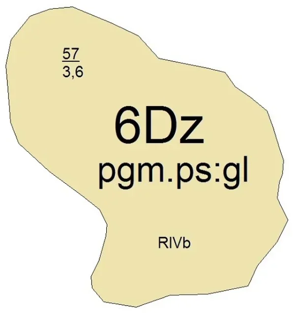 Kontur na mapie glebowo-rolniczej z opisem 6Dz pgm.ps:gl, klasą RIVb i ułamkiem 57/3,6