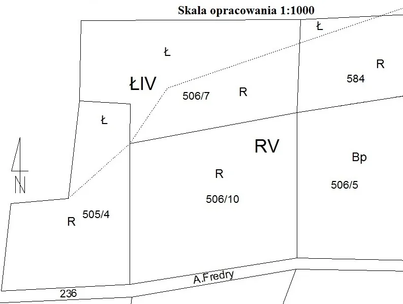 Fragment opracowania w skali 1:1000 z numerami działek, symbolami Ł, R, Bp, konturami ŁIV i RV oraz ulicą A. Fredry