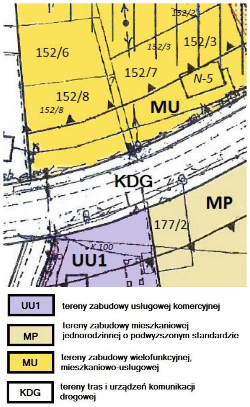 Fragment miejscowego planu zagospodarowania przestrzennego z działkami 152/6, 152/7, 152/8 i legendą oznaczeń UU1, MP, MU i KDG