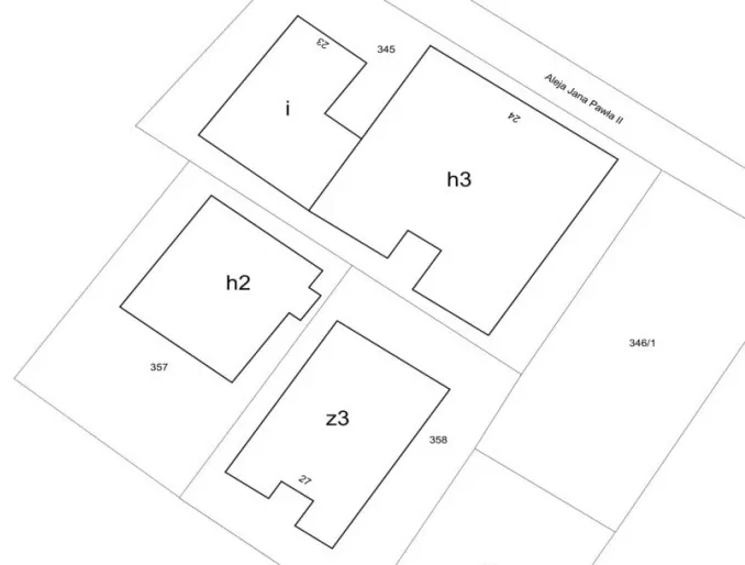 Fragment wyrysu z mapy ewidencyjnej z budynkami oznaczonymi i, h2, h3, z3 i numerami działek