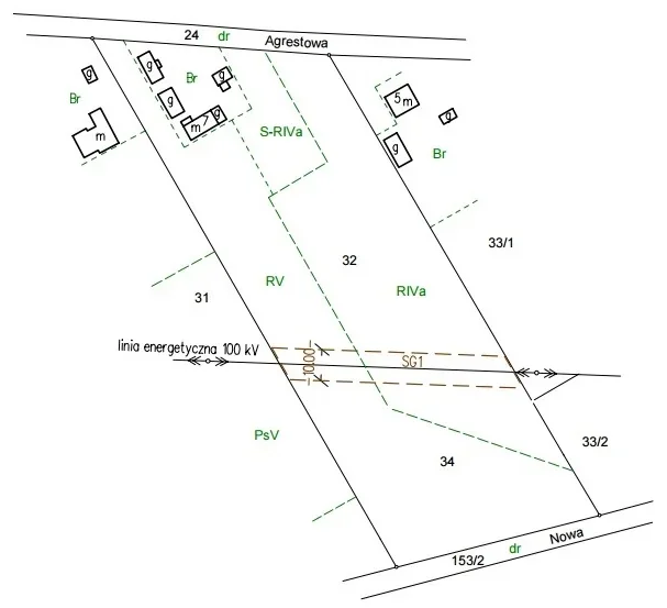 Fragment mapy z działkami 31, 32, 34, 33/1 i 33/2 między ulicami Agrestową i Nową, linią energetyczną 100 kV oraz przerywanymi liniami