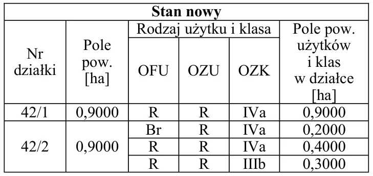 Tabela B - zapis stanu nowego działek 42/1 i 42/2