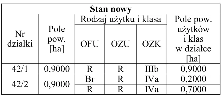 Tabela C - zapis stanu nowego działek 42/1 i 42/2