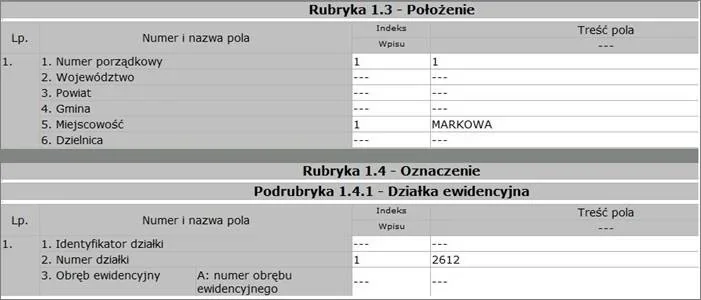 Fragment widoku ekranu elektronicznej księgi wieczystej z tabelami danych