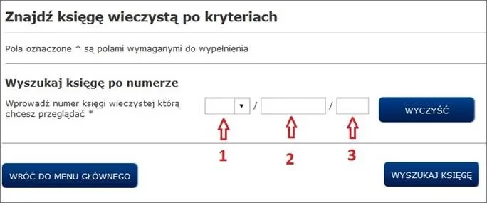Okno wyszukiwania księgi wieczystej z trzema polami numeru wskazanymi strzałkami oznaczonymi cyframi 1, 2 i 3