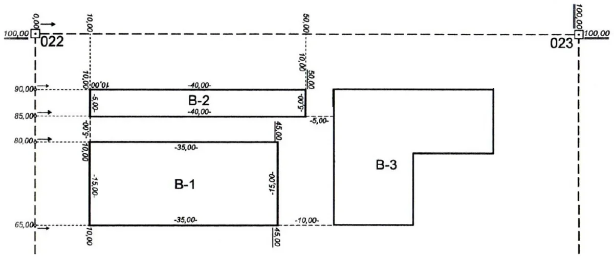 Fragment szkicu dokumentacyjnego z obiektami B-1, B-2, B-3, punktami osnowy 022 i 023 oraz miarami