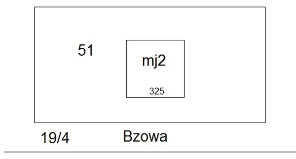 Rysunek działki 51 z budynkiem oznaczonym mj2 i liczbą 325 przy ulicy Bzowej i działce 19/4