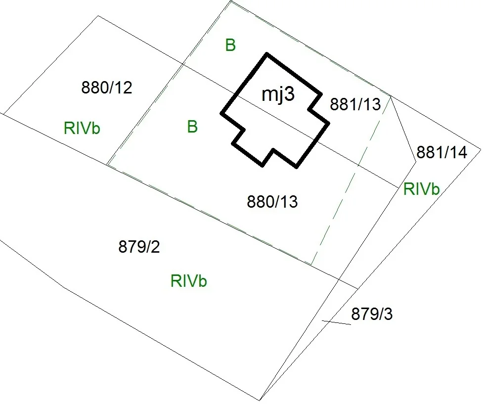 Fragment mapy z działkami 880/12, 880/13, 881/13, 881/14, 879/2, 879/3, budynkiem mj3 i oznaczeniami użytków B i RIVb