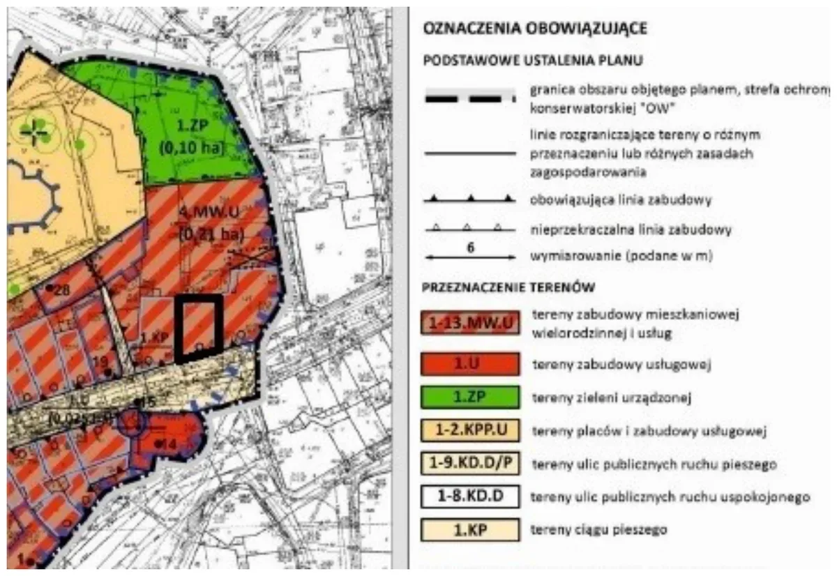 Fragment miejscowego planu zagospodarowania przestrzennego z obszarem obwiedzionym czarną pogrubioną linią oraz legendą oznaczeń