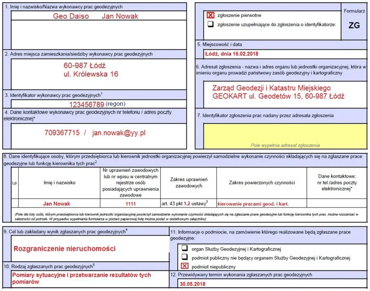 Wypełniony formularz zgłoszenia prac geodezyjnych ZG z danymi wykonawcy, adresata, kierownika prac i celu prac