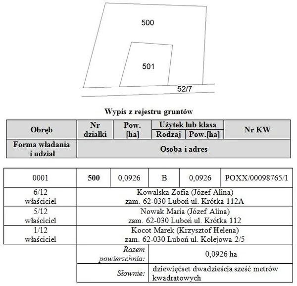 Rysunek działek 500, 501 i 52/7 oraz wypis z rejestru gruntów dla działki 500 z danymi właścicieli