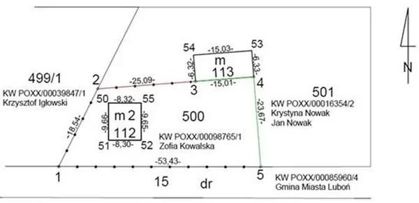 Szkic z działkami 499/1, 500, 501 i drogą 15 z numerami punktów, miarami, budynkami m 2 i m oraz numerami ksiąg wieczystych i nazwiskami właścicieli