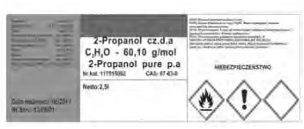 Etykieta odczynnika 2-Propanol z danymi i piktogramami