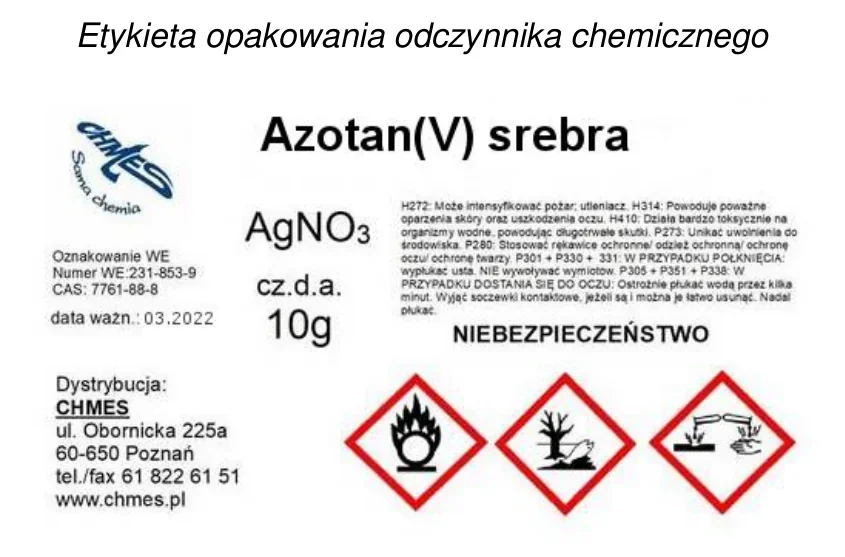 Etykieta opakowania azotanu(V) srebra z oznaczeniem cz.d.a., zwrotami H i P oraz trzema piktogramami