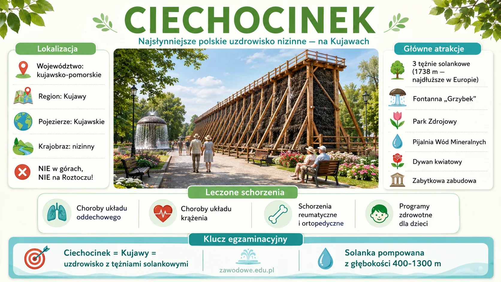 Infografika: Ciechocinek — najsłynniejsze polskie uzdrowisko nizinne na Kujawach, 3 tężnie solankowe o łącznej długości 1738 m, fontanna Grzybek, Park Zdrojowy, leczone schorzenia (układ oddechowy, krążenia, narząd ruchu)