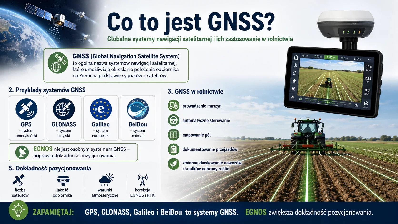 Infografika wyjaśniająca, czym jest GNSS, pokazująca satelity, odbiornik nawigacji rolniczej, ciągnik prowadzony po polu oraz przykłady systemów GPS, GLONASS, Galileo i BeiDou.