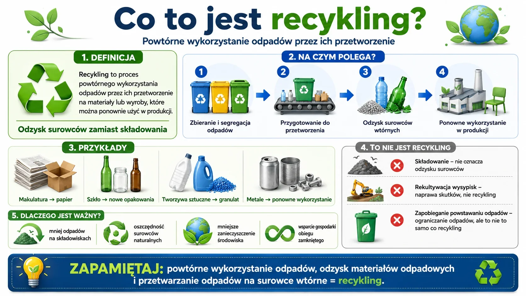 Infografika wyjaśniająca, czym jest recykling: powtórne wykorzystanie odpadów przez ich przetworzenie, segregacja, odzysk surowców wtórnych i ponowne użycie materiałów w produkcji.