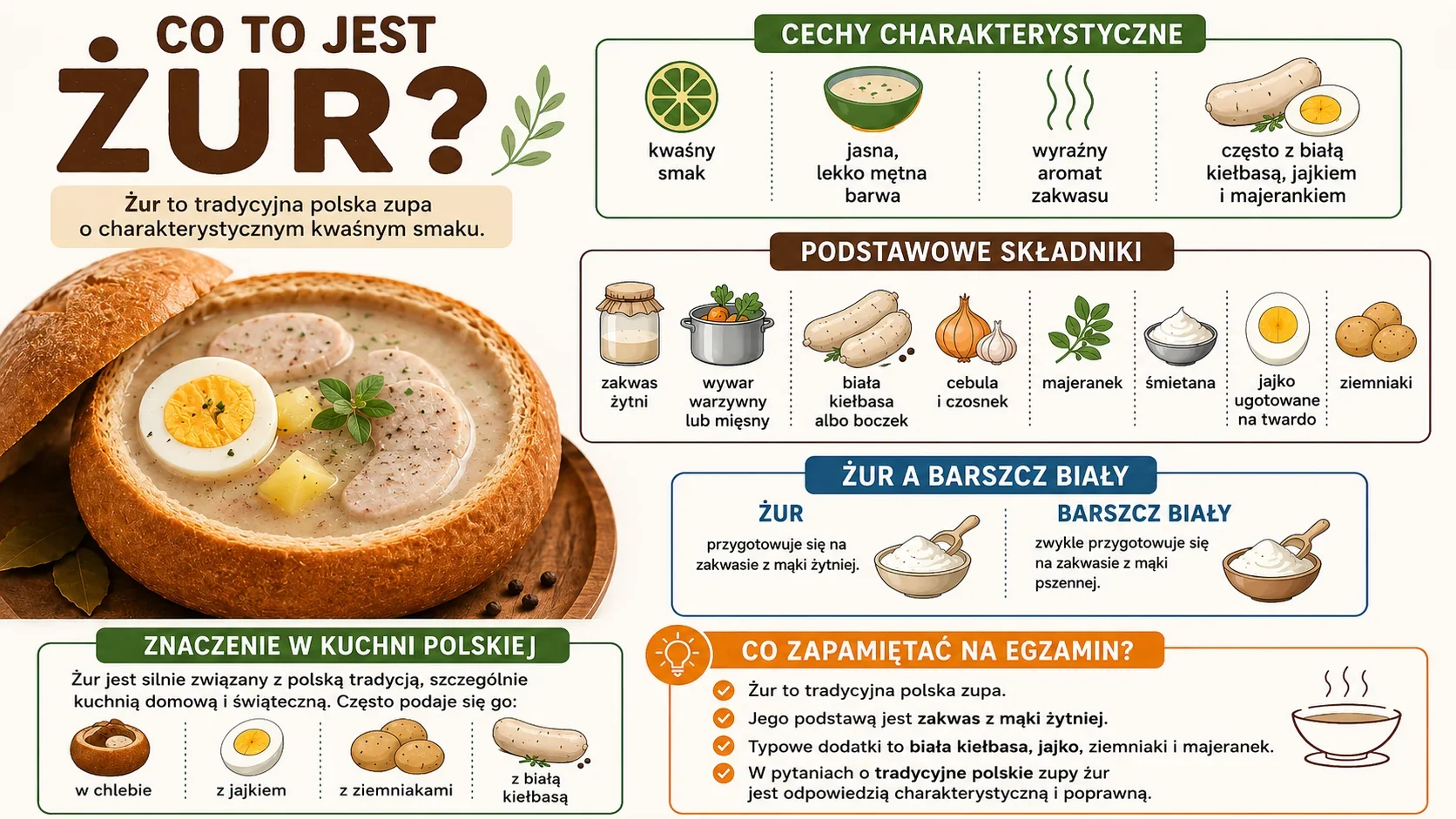 Infografika wyjaśniająca, czym jest żur: tradycyjna polska kwaśna zupa na zakwasie żytnim, podawana w chlebie z jajkiem, ziemniakami, majerankiem i białą kiełbasą.