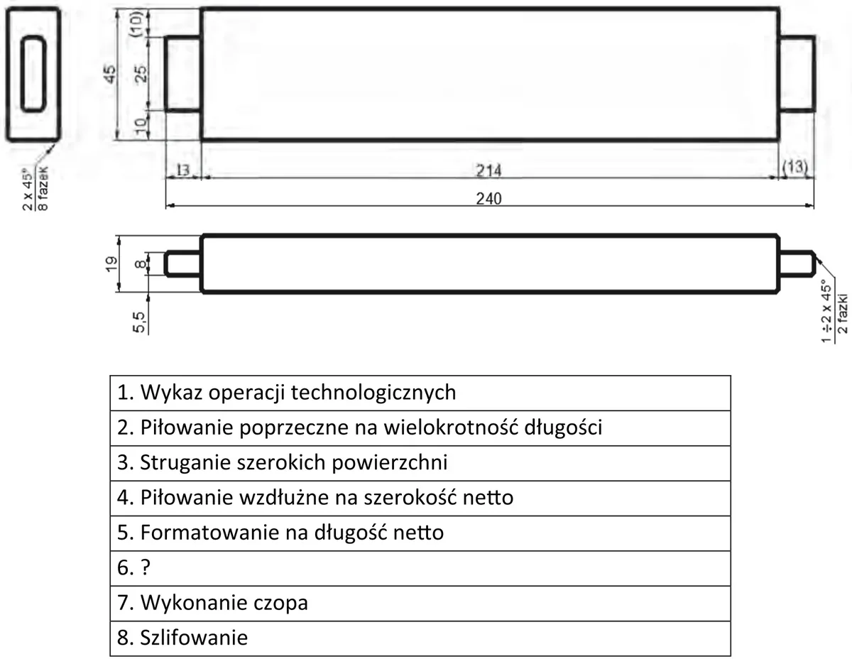 Rysunek elementu z drewna litego z wymiarami oraz wykaz operacji technologicznych