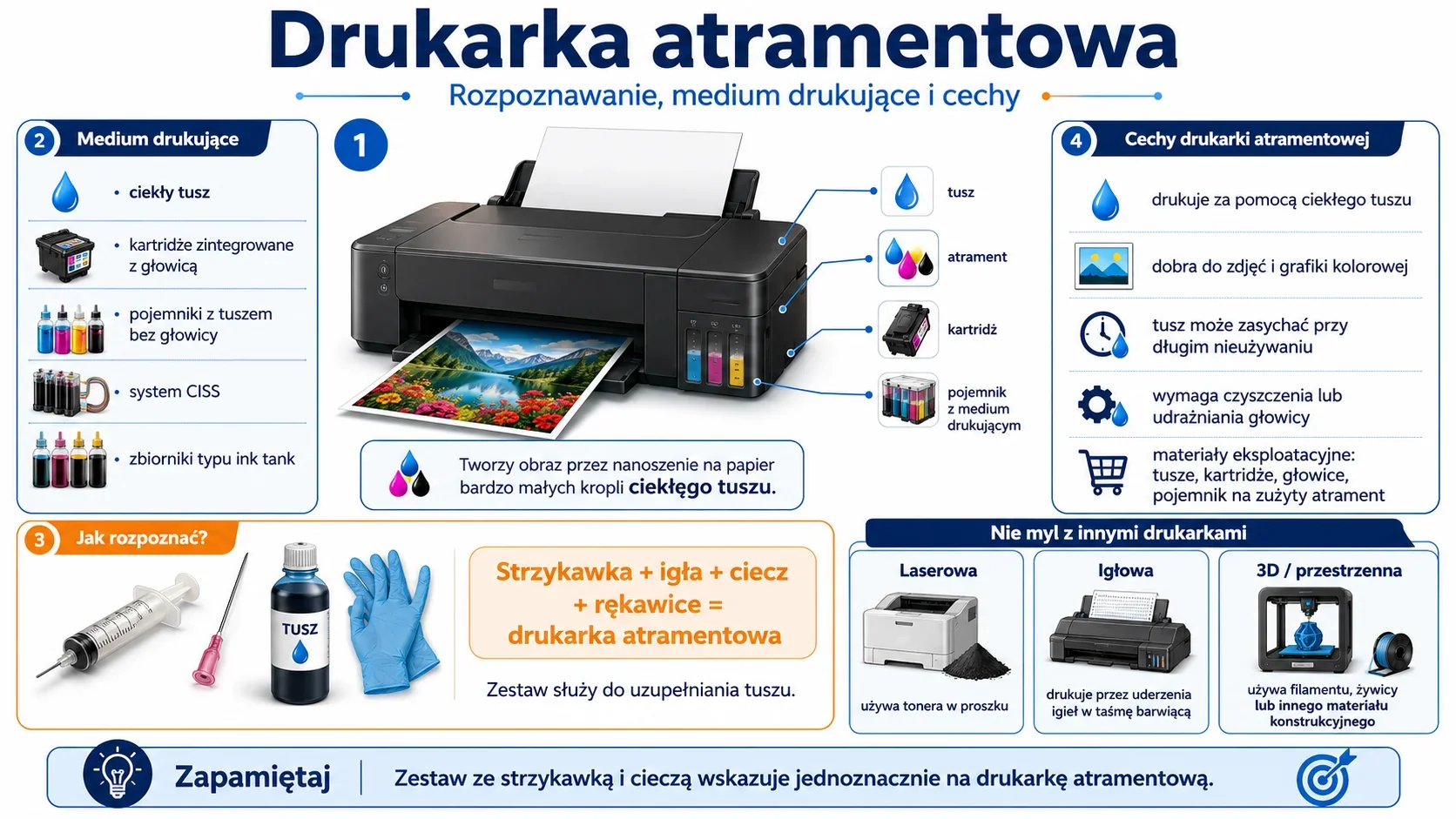 Infografika przedstawiająca drukarkę atramentową, ciekły tusz jako medium drukujące, kartridże, pojemniki z tuszem oraz zestaw do napełniania ze strzykawką, igłą i rękawicami.