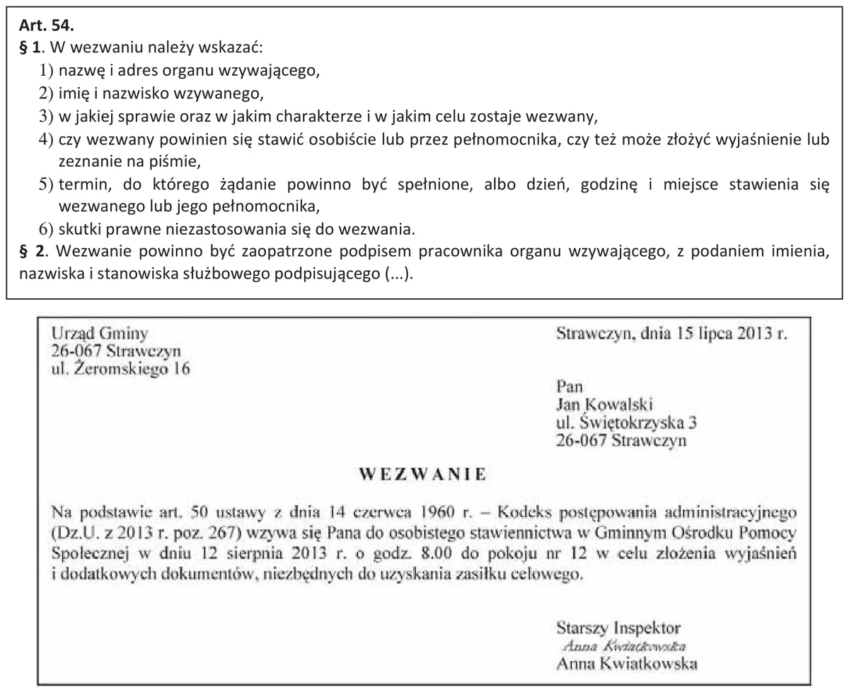Wyciąg z art. 54 Kodeksu postępowania administracyjnego i wezwanie Urzędu Gminy Strawczyn