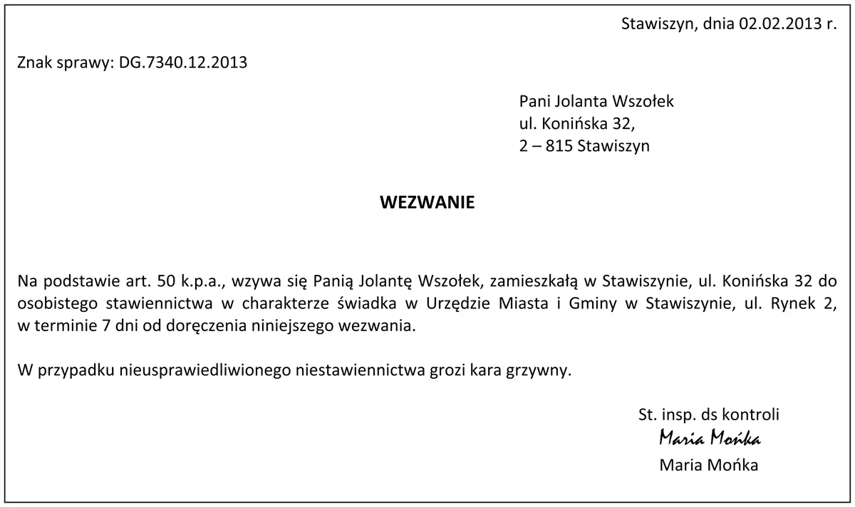 Wezwanie świadka do Urzędu Miasta i Gminy w Stawiszynie