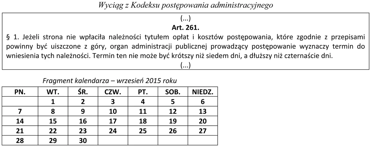 Wyciąg z Kodeksu postępowania administracyjnego - art. 261 i kalendarz wrzesień 2015