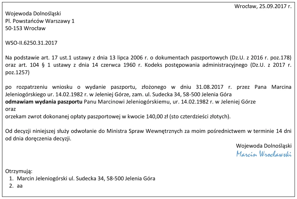 Decyzja Wojewody Dolnośląskiego w sprawie wydania paszportu