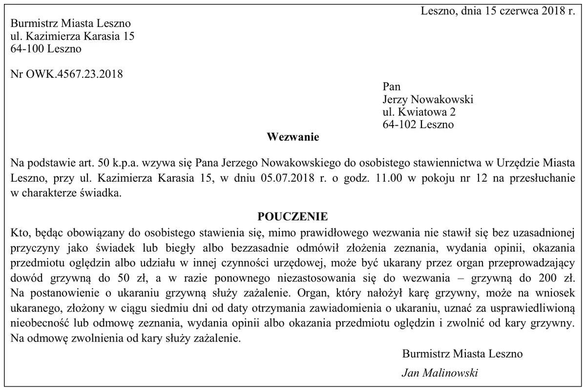 Wezwanie Burmistrza Miasta Leszno skierowane do Jerzego Nowakowskiego