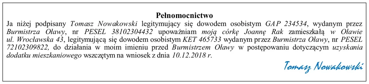 Pełnomocnictwo udzielone przez Tomasza Nowakowskiego