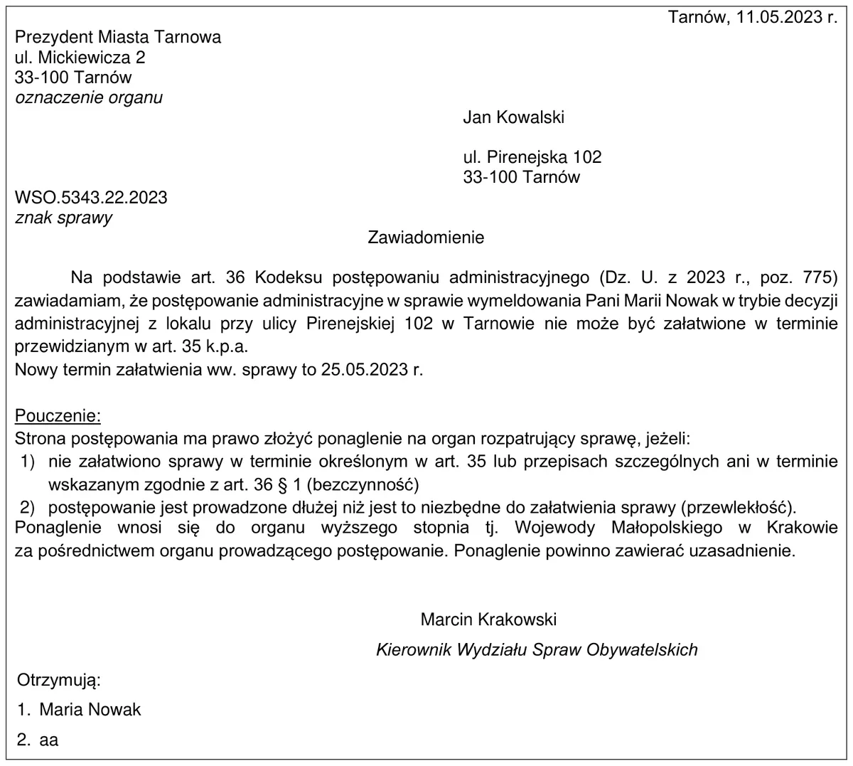 Zawiadomienie Prezydenta Miasta Tarnowa z 11.05.2023 r. o niezałatwieniu sprawy w terminie