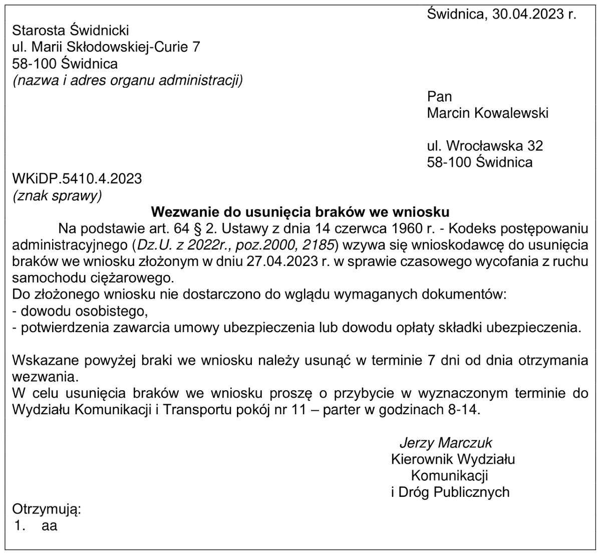 Wezwanie do usunięcia braków we wniosku wystawione przez Starostę Świdnickiego