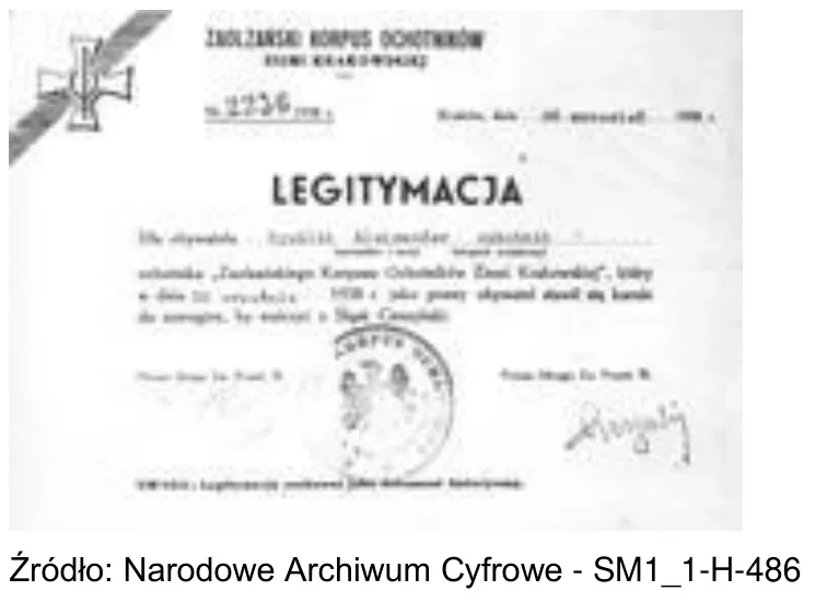 Skan legitymacji Zaolziańskiego Korpusu Ochotników z pieczęcią i podpisem, źródło: Narodowe Archiwum Cyfrowe