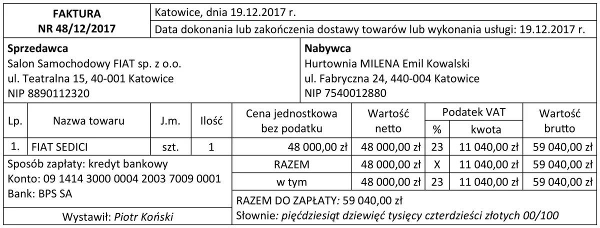 Faktura nr 48/12/2017 za samochód osobowy