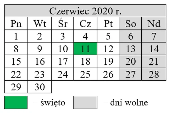 Kalendarz na czerwiec 2020 r. z zaznaczonym świętem i dniami wolnymi