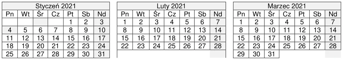 Kalendarze na styczeń, luty i marzec 2021 r.