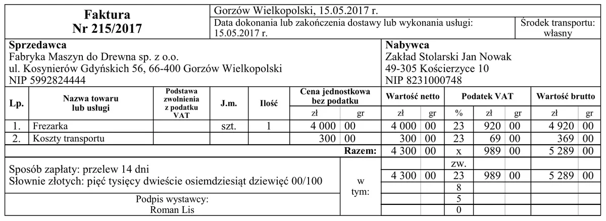 Faktura nr 215/2017 na frezarkę i koszty transportu dla Zakładu Stolarskiego Jan Nowak