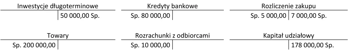 Sześć kont księgowych z saldami początkowymi, m.in. Inwestycje długoterminowe, Towary i Kapitał udziałowy