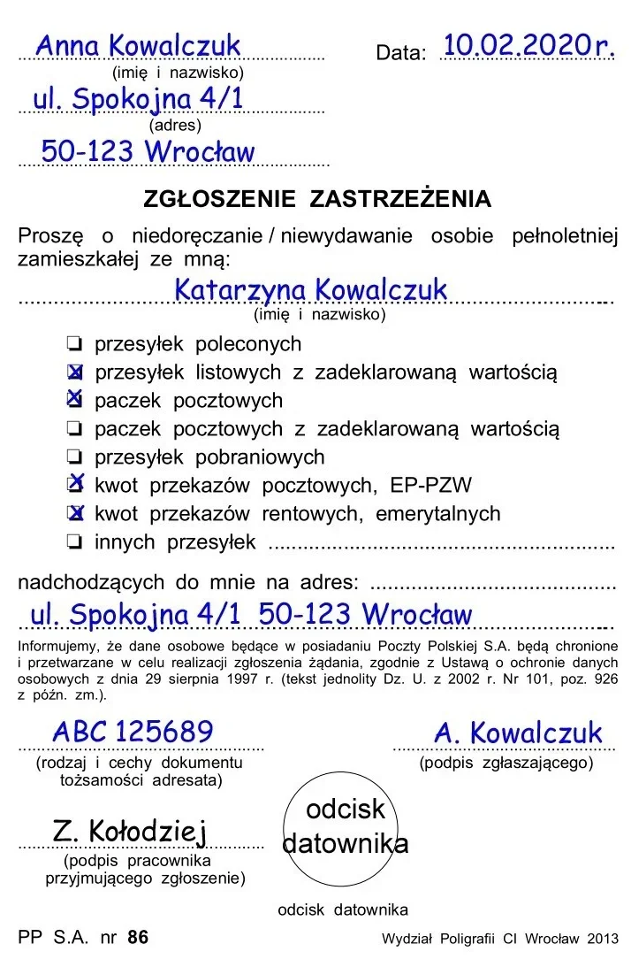 Wypełniony druk zgłoszenia zastrzeżenia Anny Kowalczuk z 10.02.2020