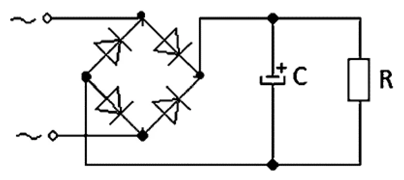 Schemat mostka prostowniczego z kondensatorem C i rezystorem R