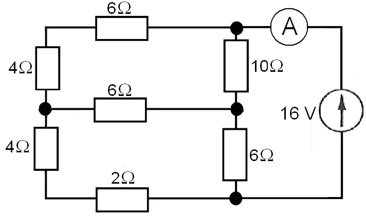 Schemat obwodu ze źródłem 16 V, amperomierzem i rezystorami 6 Ω, 4 Ω, 10 Ω, 6 Ω, 4 Ω, 6 Ω i 2 Ω