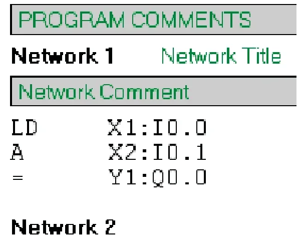Fragment programu w języku STL: LD X1:I0.0, A X2:I0.1, = Y1:Q0.0